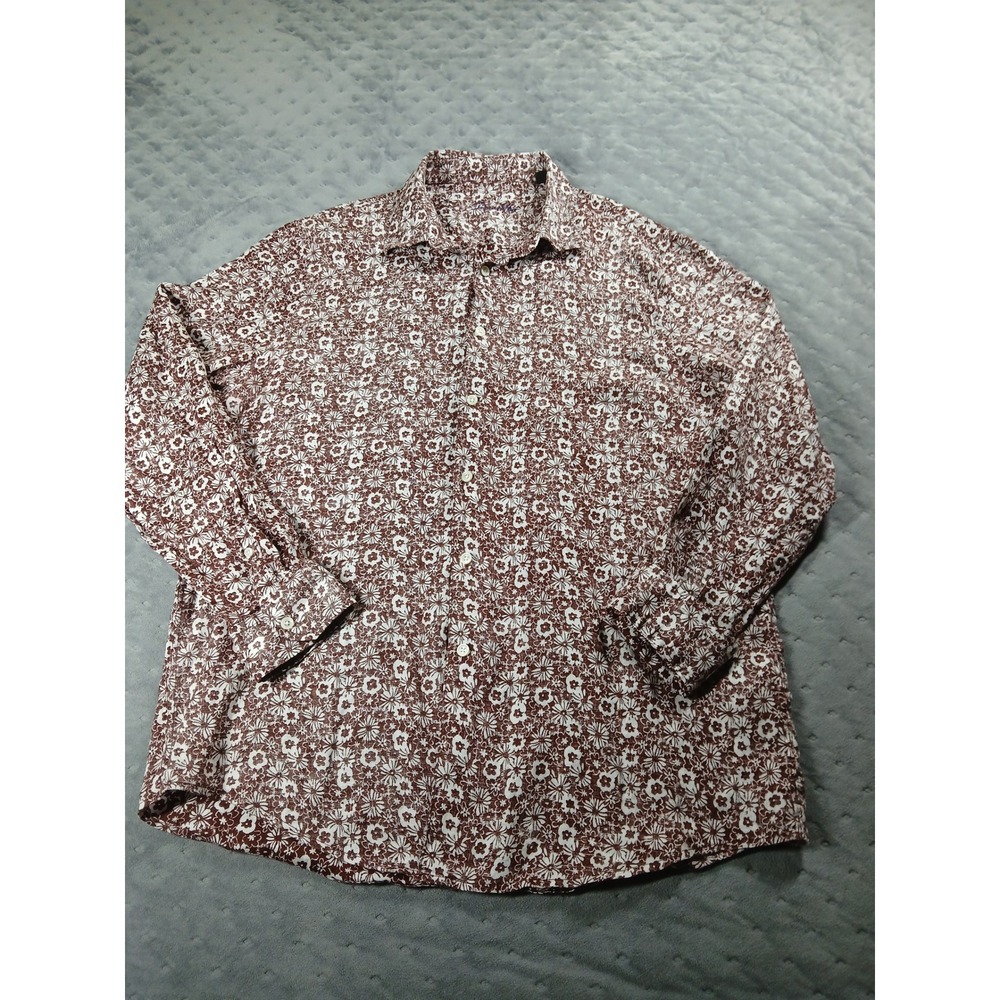 Tasso Elba Mens XL Brown White Floral Linen Long Sleeve Button Up Shirt